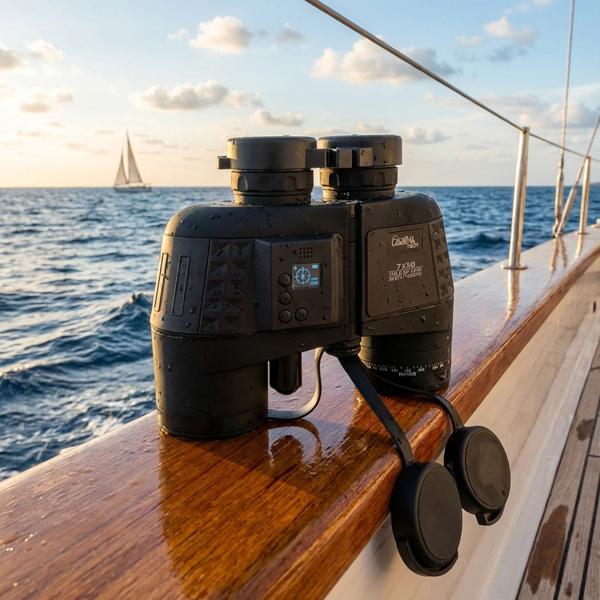 Premium Marine-Fernglas m. OLED-Display, wasserdicht IPX 7, 131 m Sehfeld, Entfernungs- und Grössenberechnung, 360°-Digitalkompass