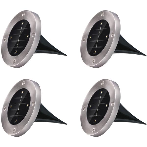 4er-Set Solar Bodenleuchte Edelstahl mit Erdspiess - Wegbeleuchtung Garten & Terrasse - 8h Leuchtdauer, Ø 12x13cm, 4x SMD LED, Auto Ein/Aus Sensor