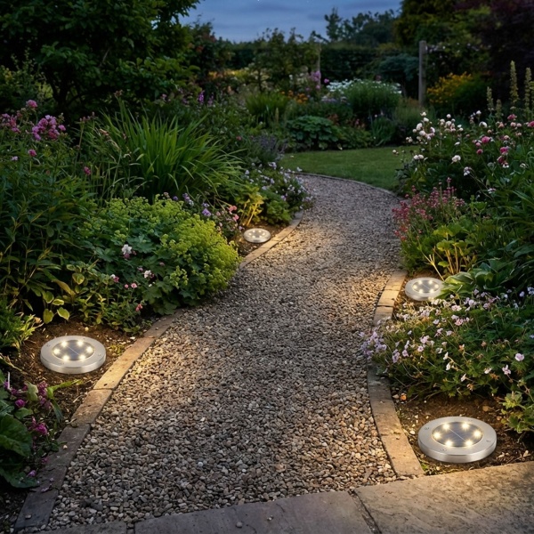 4er-Set Solar Bodenleuchte Edelstahl mit Erdspiess - Wegbeleuchtung Garten & Terrasse - 8h Leuchtdauer, Ø 12x13cm, 4x SMD LED, Auto Ein/Aus Sensor