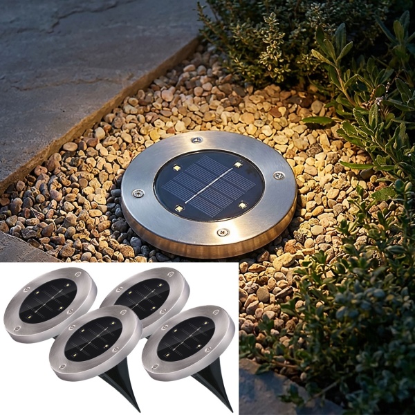 4er-Set Solar Bodenleuchte Edelstahl mit Erdspiess - Wegbeleuchtung Garten & Terrasse - 8h Leuchtdauer, Ø 12x13cm, 4x SMD LED, Auto Ein/Aus Sensor