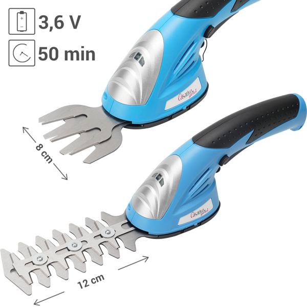 Akku Gras- und Strauchschere, 1100 U/m, wechselbares Gras- und Strauchschnittblatt, Ladestandanzeige, ergonomischer Griff, Sicherheits-Schalter