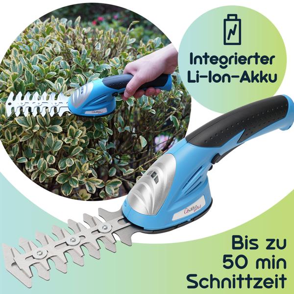 Akku Gras- und Strauchschere, 1100 U/m, wechselbares Gras- und Strauchschnittblatt, Ladestandanzeige, ergonomischer Griff, Sicherheits-Schalter