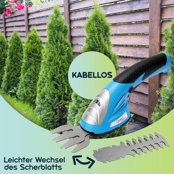 Akku Gras- und Strauchschere, 1100 U/m, wechselbares Gras- und Strauchschnittblatt, Ladestandanzeige, ergonomischer Griff, Sicherheits-Schalter