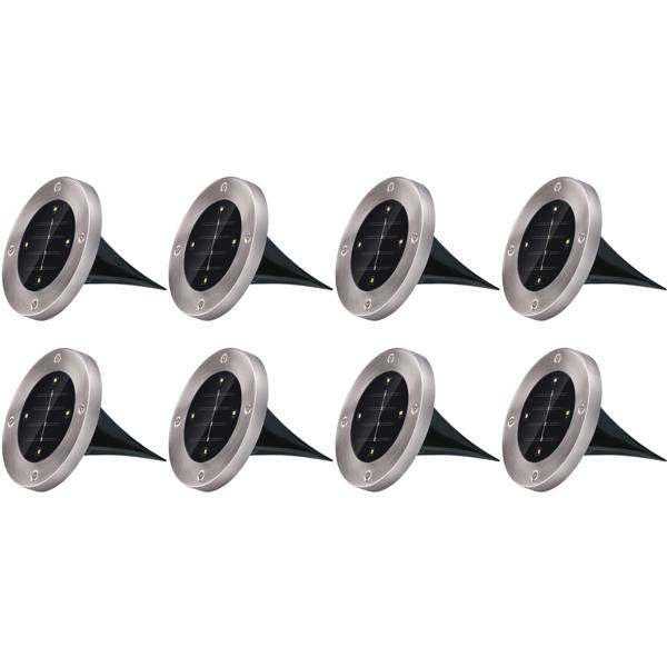 8er-Set Solar Bodenleuchte Edelstahl - für Gartenweg & Terrasse - 8h Leuchtdauer, Auto-Sensor, Ein/Aus-Schalter, 4x SMD LEDs - Ø 12x13cm