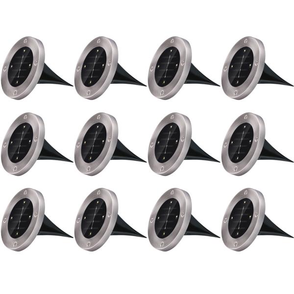 12er-Set Solar Bodenleuchte - Edelstahl mit Erdspiess - 4x SMD LED - Bis zu 8h Leuchtdauer - Ø 12x13 cm - Ideal für Gartenweg & Terrasse