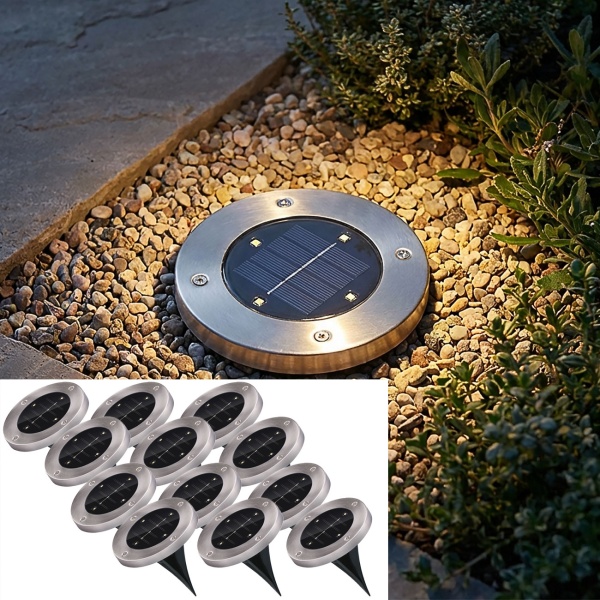 12er-Set Solar Bodenleuchte - Edelstahl mit Erdspiess - 4x SMD LED - Bis zu 8h Leuchtdauer - Ø 12x13 cm - Ideal für Gartenweg & Terrasse
