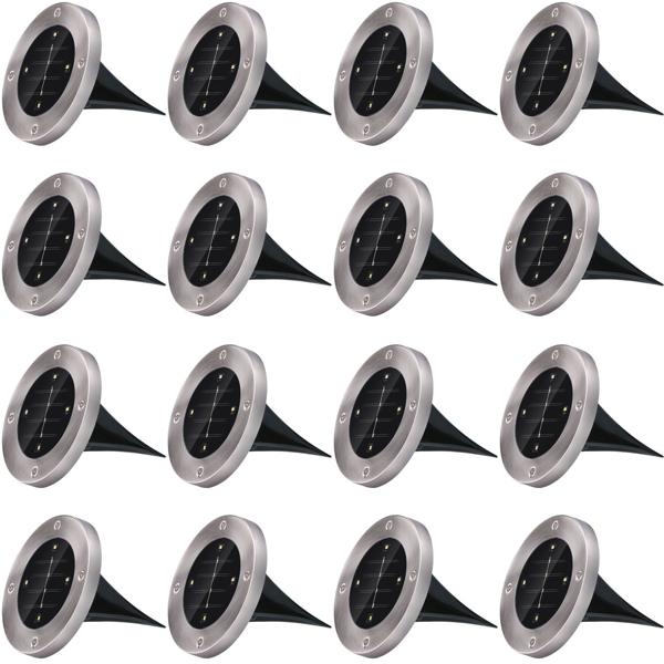 16er-Set Solar Bodenleuchte Edelstahl Ø 12x13 cm - Garten & Terrasse Beleuchtung bis 8h Leuchtdauer - Auto Ein/Aus Sensor - 4x SMD LEDs