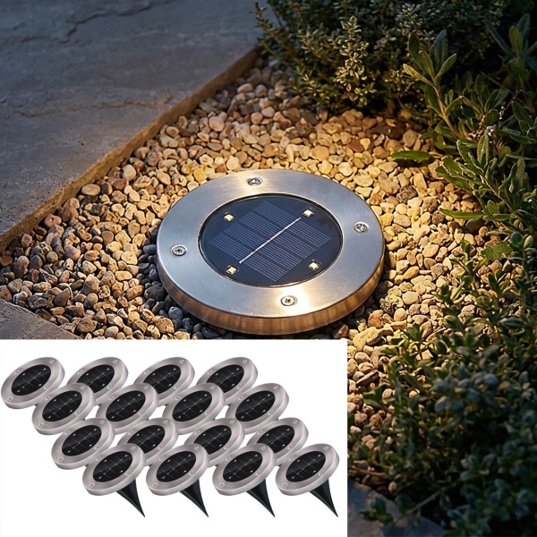 16er-Set Solar Bodenleuchte Edelstahl Ø 12x13 cm - Garten & Terrasse Beleuchtung bis 8h Leuchtdauer - Auto Ein/Aus Sensor - 4x SMD LEDs