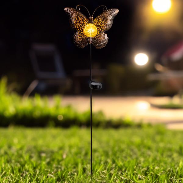 2er-Set Solar-Schmetterlingsdeko: 102cm, LED Crackle-Glas, Gartenstecker - Stimmungsvolle Beleuchtung - Zauberhafter Schmetterling für Garten & Beet