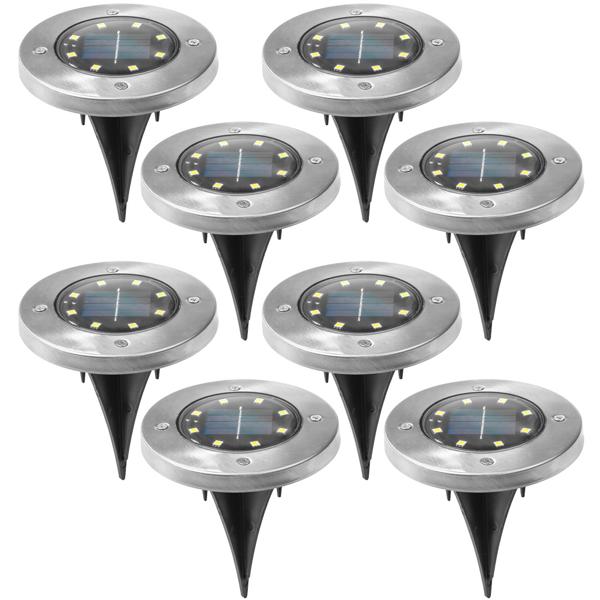 8er-Set LED-Bodenleuchte Solar-Wegeleuchte - für Garten & Gehwege - Edelstahl, Ø 12x14 cm - warmweisses Licht, 8 LEDs - wetterfest, Erdspiess