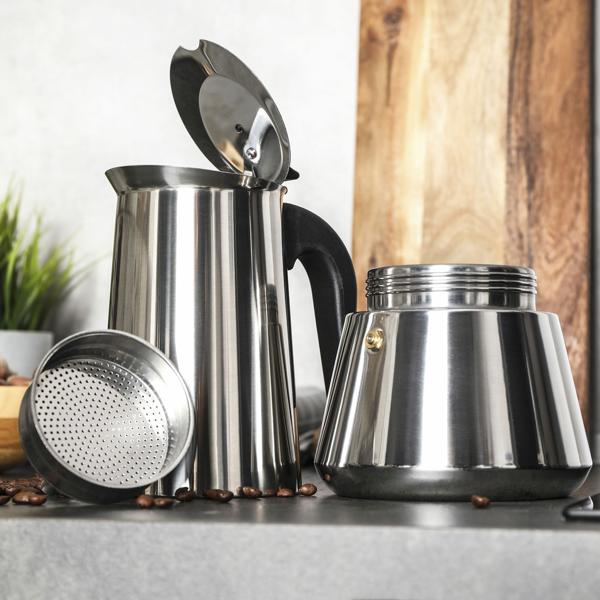 Moderner Edelstahl Espressokocher für 9 Tassen - Espresso/Mokka - Hochwertige Herdkanne für alle Herdarten inkl. Induktion - Robuster Genuss