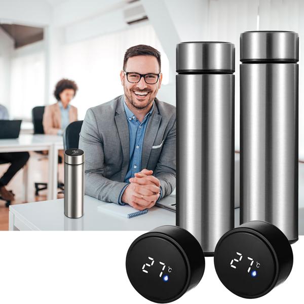 2er-Set Thermo-Vakuumflasche mit Touchscreen & Echtzeit-Temperaturanzeige für Büro & unterwegs - 500ml-BPA-frei-Edelstahl-doppelwandig isoliert