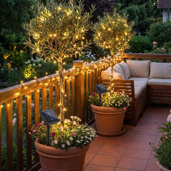 2er-Set Solar Lichterkette mit Dämmerungssensor - 8 Lichtmodi für Garten & Balkon - 12m, 100 warmweisse LEDs, IP44 Spritzwasserschutz