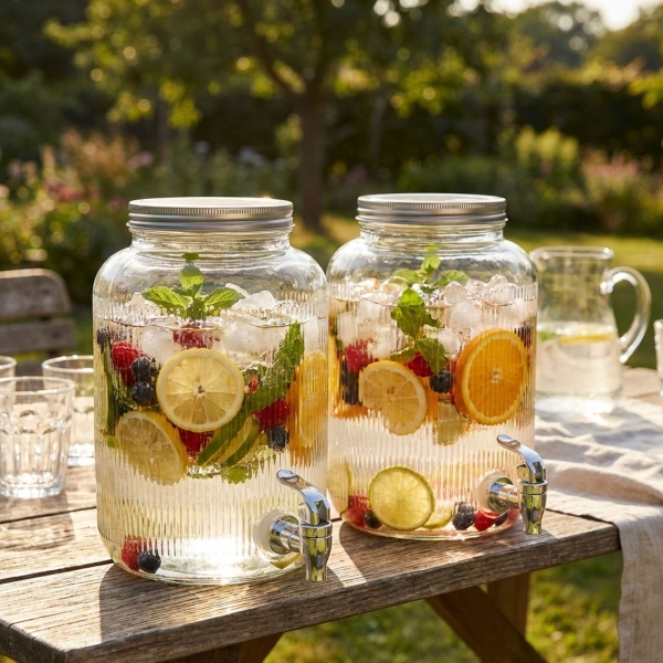 2er-Set Eleganter Glas Getränkespender 4L Zylinderform – Mit Deckel & Zapfhahn - Kompakt, vielseitig für Party & Alltag einsetzbar