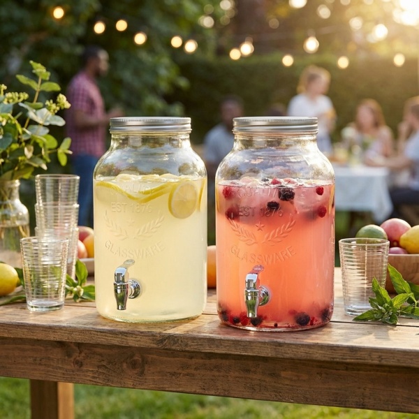 2er-Set Getränkespender aus Glas - 5,5l Fassungsvermögen mit Zapfhahn und Deckel - Ideal für Feste, Partys, Garten - Hygienisch, robust, zylinderförmig