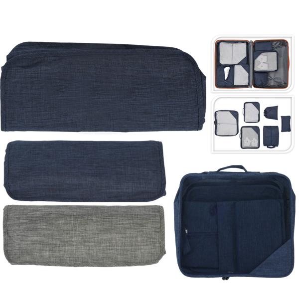 Koffer Organizer Set 6-tlg. - Reise-Aufbewahrungstaschen für mehr Ordnung & Übersicht im Gepäck - Polyester mit Struktureffekt - Blau/Grau/Pantone