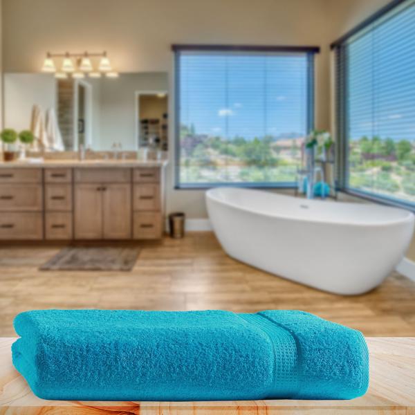 Badetuch 100x150 cm - 100% luxuriöse Baumwolle - Kuschelweich, saugstark & hautfreundlich - Türkis mit 2 Bordüren - OEKO-TEX Standard 100