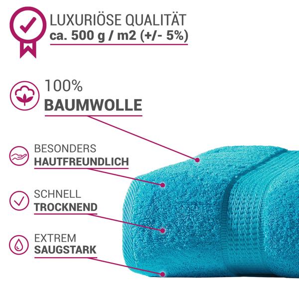 Badetuch 100x150 cm - 100% luxuriöse Baumwolle - Kuschelweich, saugstark & hautfreundlich - Türkis mit 2 Bordüren - OEKO-TEX Standard 100