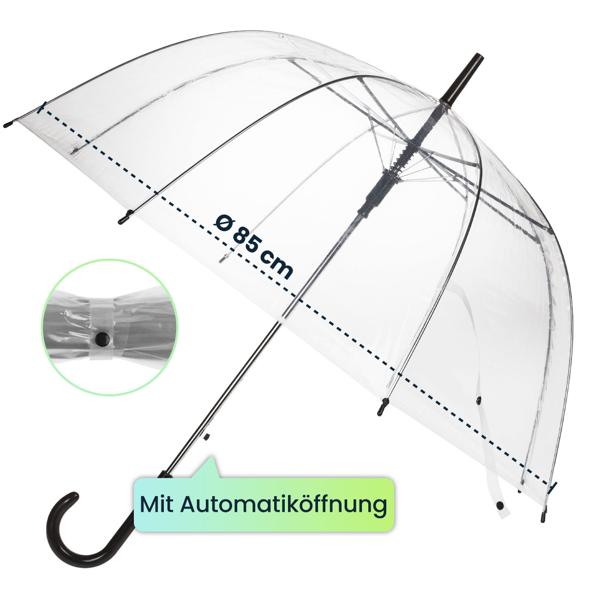 Stabiler Regenschirm mit Automatiköffnung, transparent, Ø 85 cm, moderner und stylischer Regenlook, leichte Handhabung