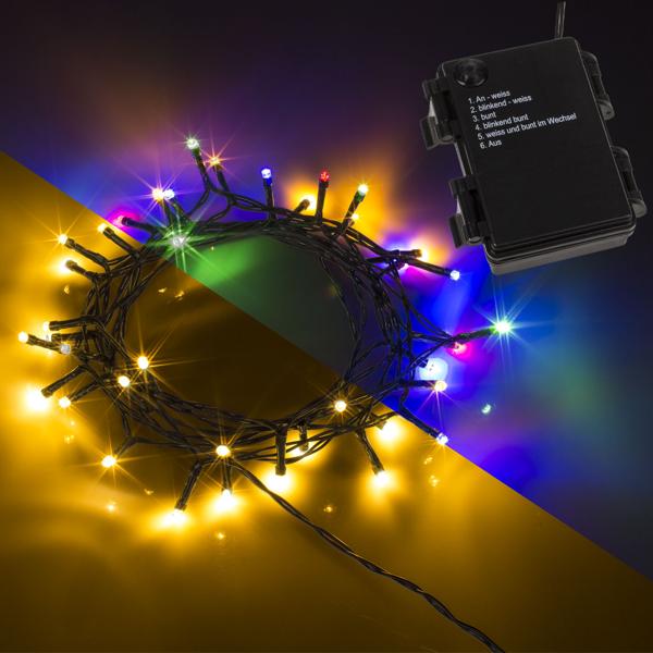 2er-Set Lichterkette für Innen und Aussen, 40 LEDs, warmweiss und bunt, Timer, IP44, Batterie, multicolor für zauberhafte Lichteffekte