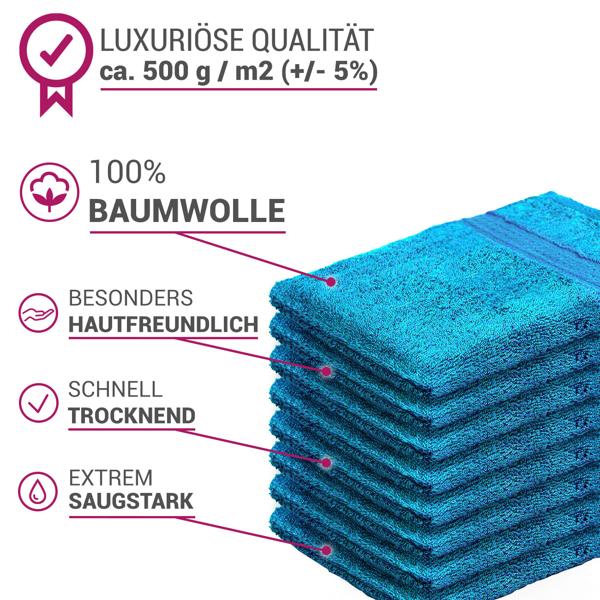 8er-Set Waschhandschuhe aus 100% Baumwolle, Frottee-Waschlappen - sehr saugstark, strapazierfähig & schnell trocknend - 2 Bordüren, 60°C waschbar, türkis
