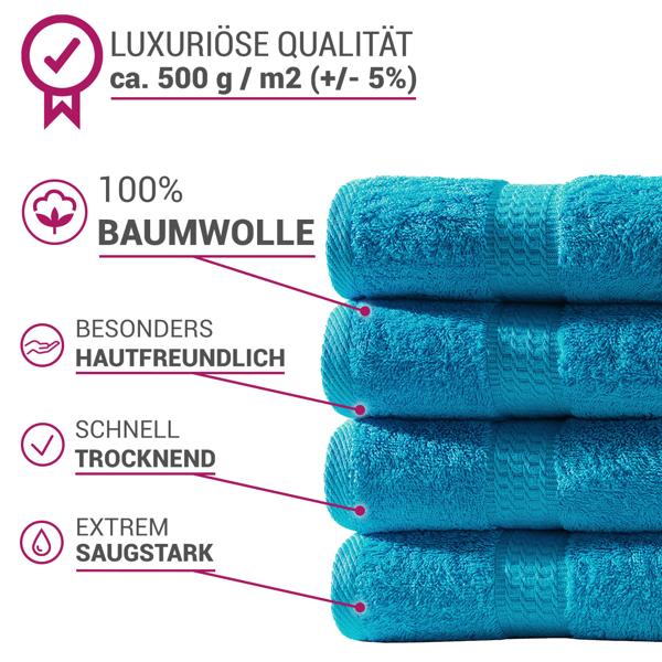 Handtuchset 12-teilig - 4 Gäste-, 4 Hand- & 4 Badetücher aus 100% Baumwolle, türkis - OEKO-TEX Standard 100, maschinenwaschbar, saugstark