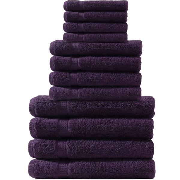 Hochwertiges 12-tlg. Baumwoll-Handtuchset (500g/m²): Weiche Gäste-, Hand- & Duschtücher in trendiger Farbe Aubergine – flauschig und saugstark