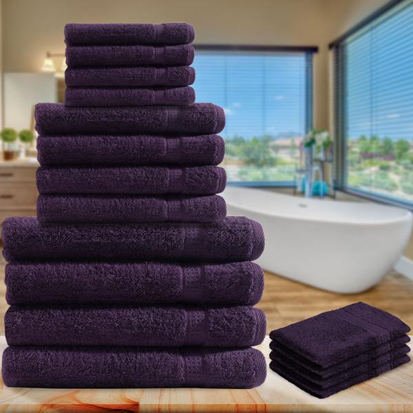 16-tlg. Frottee Handtuch-Set Aubergine - Flauschig weich, saugstark & strapazierfähig - 4x Gäste-, Hand-, Badetücher, 4x Waschlappen - 100% Baumwolle, 500g/m²