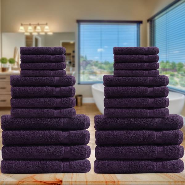 24-teiliges Handtuchset aubergine - je 8 Gäste-, Hand- & Duschtücher aus 100% Baumwolle - kuschelweich, saugstark & schnelltrocknend
