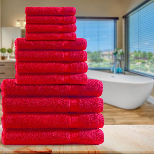 Handtuchset 12-teilig - 4 Gäste-, 4 Hand- & 4 Badetücher - 100% Baumwolle 500g/m² - Rot - Flauschig, saugstark, schnelltrocknend - Maschinenwaschbar bis 60°