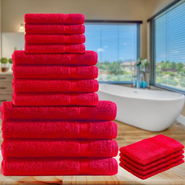 16-teiliges Handtuch-Set Frottee Rot - 4x Gäste-, 4x Hand-, 4x Duschttücher & 4x Waschlappen - 100% Baumwolle - Luxus Qualität 500g/m² - OEKO-TEX Standard 100