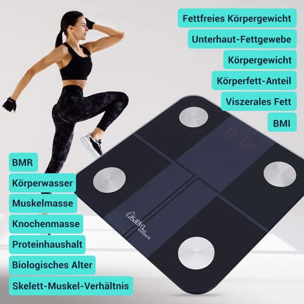 Digitale 14in1 Körperanalysewaage aus Glas, Bluetooth & App, max. 180 kg, Personenwaage mit grossem LED Display, Apple Health und Google Fit geeignet
