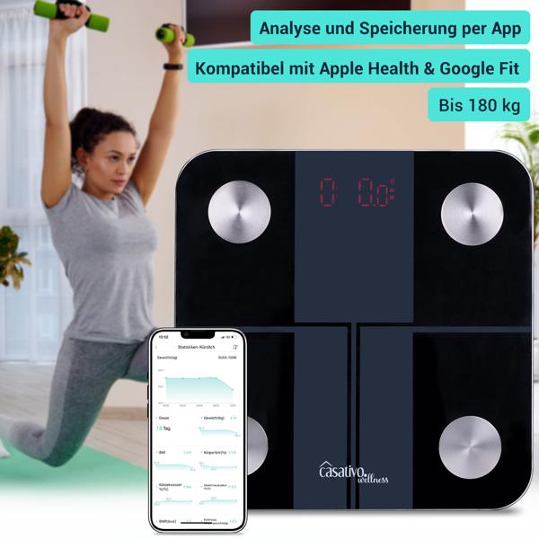 Digitale 14in1 Körperanalysewaage aus Glas, Bluetooth & App, max. 180 kg, Personenwaage mit grossem LED Display, Apple Health und Google Fit geeignet