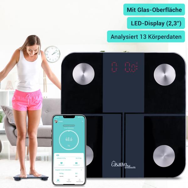Digitale 14in1 Körperanalysewaage aus Glas, Bluetooth & App, max. 180 kg, Personenwaage mit grossem LED Display, Apple Health und Google Fit geeignet