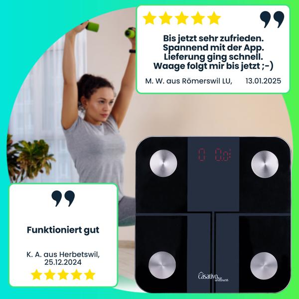 Digitale 14in1 Körperanalysewaage aus Glas, Bluetooth & App, max. 180 kg, Personenwaage mit grossem LED Display, Apple Health und Google Fit geeignet