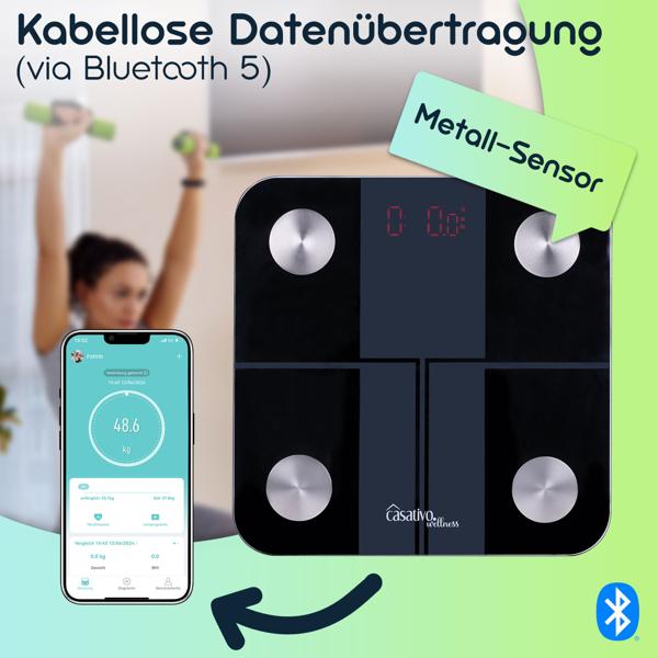 Digitale 14in1 Körperanalysewaage aus Glas, Bluetooth & App, max. 180 kg, Personenwaage mit grossem LED Display, Apple Health und Google Fit geeignet