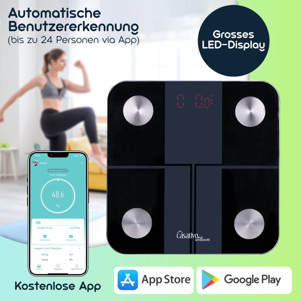 Digitale 14in1 Körperanalysewaage aus Glas, Bluetooth & App, max. 180 kg, Personenwaage mit grossem LED Display, Apple Health und Google Fit geeignet