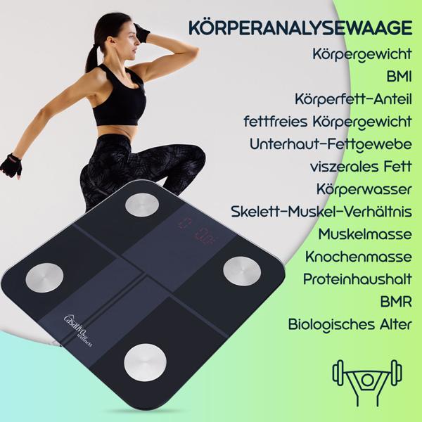 Digitale 14in1 Körperanalysewaage aus Glas, Bluetooth & App, max. 180 kg, Personenwaage mit grossem LED Display, Apple Health und Google Fit geeignet