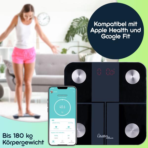 Digitale 14in1 Körperanalysewaage aus Glas, Bluetooth & App, max. 180 kg, Personenwaage mit grossem LED Display, Apple Health und Google Fit geeignet