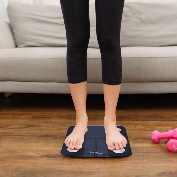 Digitale 14in1 Körperanalysewaage aus Glas, Bluetooth & App, max. 180 kg, Personenwaage mit grossem LED Display, Apple Health und Google Fit geeignet