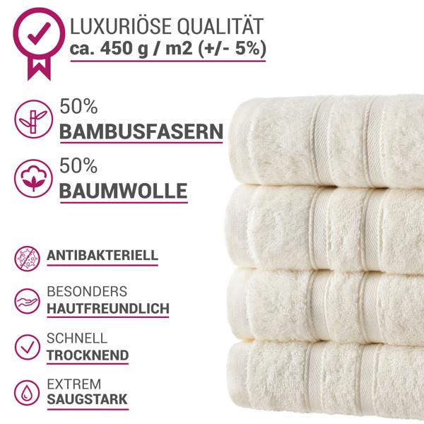 4er-Set Handtücher 50x100cm - Bambus & Baumwolle - luxuriös weich, saugstark, antibakteriell, OEKO-TEX Standard 100 zertifiziert - natur