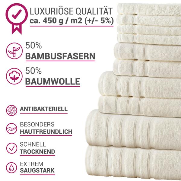 Handtuchset 12-teilig, 50% Bambus & 50% Baumwolle, natur
