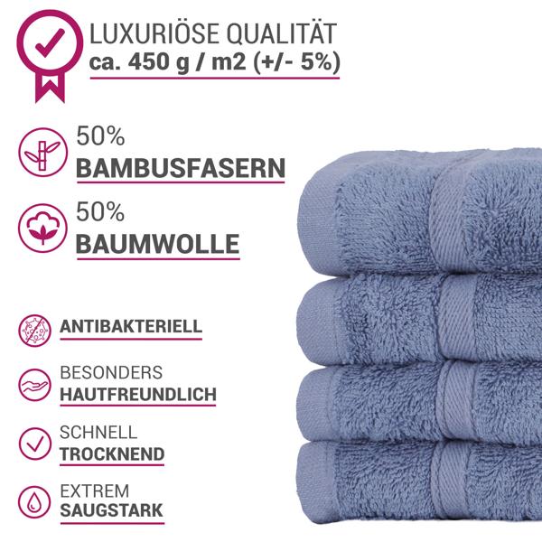 4er-Set Gästehandtücher Bambus-Baumwolle Mix - Kuschelweich, saugstark & schnelltrocknend - OEKO-TEX 100, 30x50 cm, blau, 450g/m²