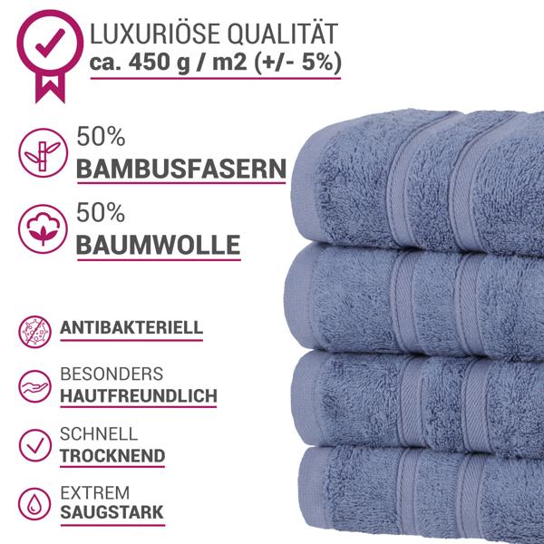 4er-Set Handtücher blau - 50% Bambus & 50% Baumwolle - 50x100 cm, 450 g/m² - Kuschelweich, saugstark, schnelltrocknend - Antibakteriell, ÖKO-TEX 100