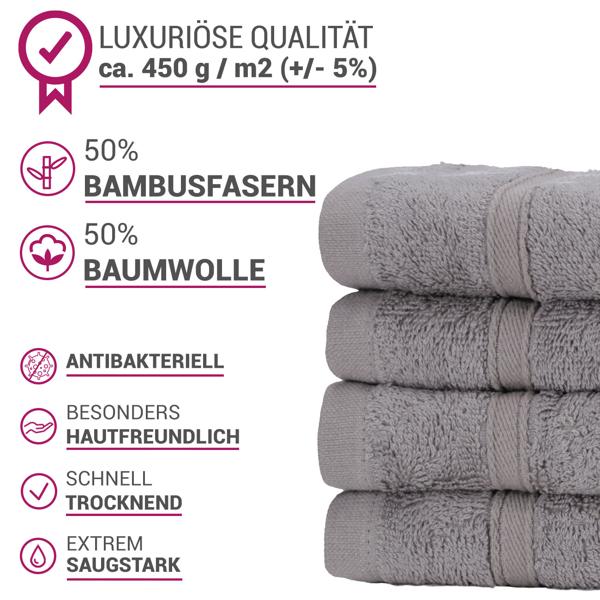 4er-Set Gästehandtücher aus Bambus & Baumwolle - Kuschelweich, saugstark & schnelltrocknend - 30x50 cm, grau, OEKO-TEX 100, 450 g/m²