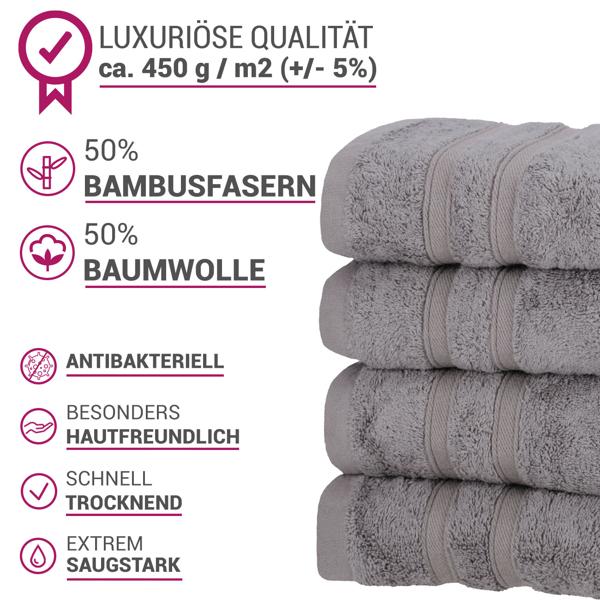 4er-Set Handtücher 50x100 cm grau - Luxuriöses Bambus & Baumwolle 450 g/m² - Kuschelweich, saugstark, schnelltrocknend, antibakteriell