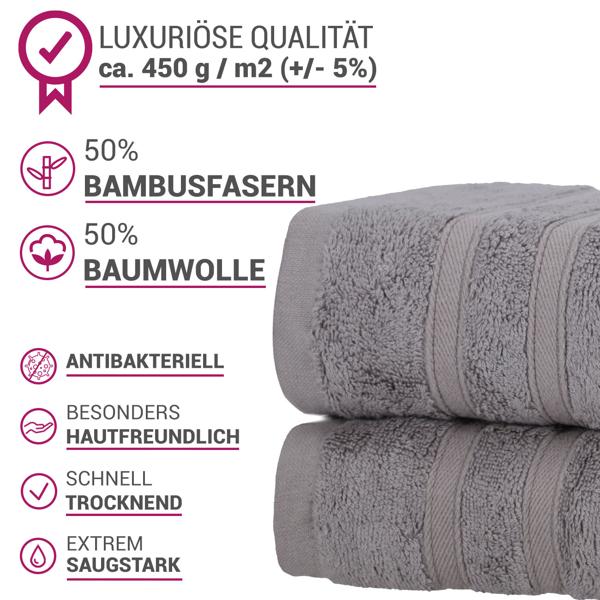 4er-Set Duschhandtücher 70x140 cm Grau - Kuschelweich, saugstark & antibakteriell - 50% Bambus 50% Baumwolle - OEKO-TEX Standard 100 zertifiziert