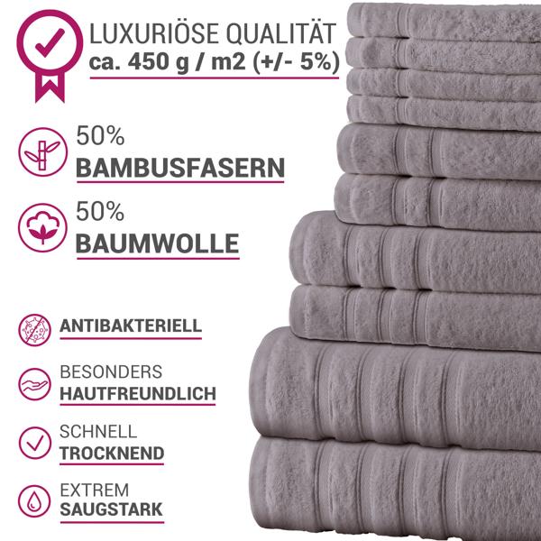 Luxuriöses 12er Handtuchset, grau, 50% Bambus-Baumwolle, 450 g/m². Extrem kuschelig & saugstark für optimale Wohlfühl-Erlebnisse