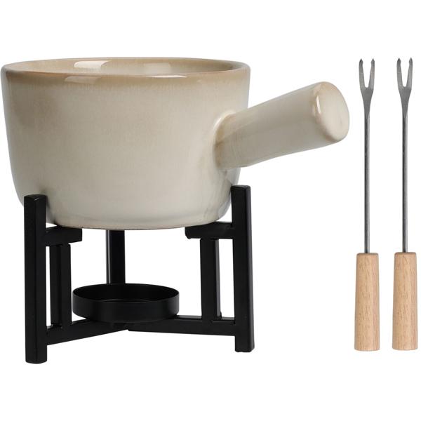 Komplett-Fondue-Set für 1-2 Personen, Porzellan & Metall, Beige-Schwarz – Mit Teelicht-Rechaud & 2 Fonduegabeln – Für Käse, Fleisch oder Schokolade