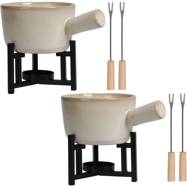 2er-Set Fondue-Set für je 1-2 Personen, Porzellan & Metall, Beige-Schwarz – Mit Teelicht-Rechaud & 2 Fonduegabeln – Für Käse, Fleisch oder Schokolade